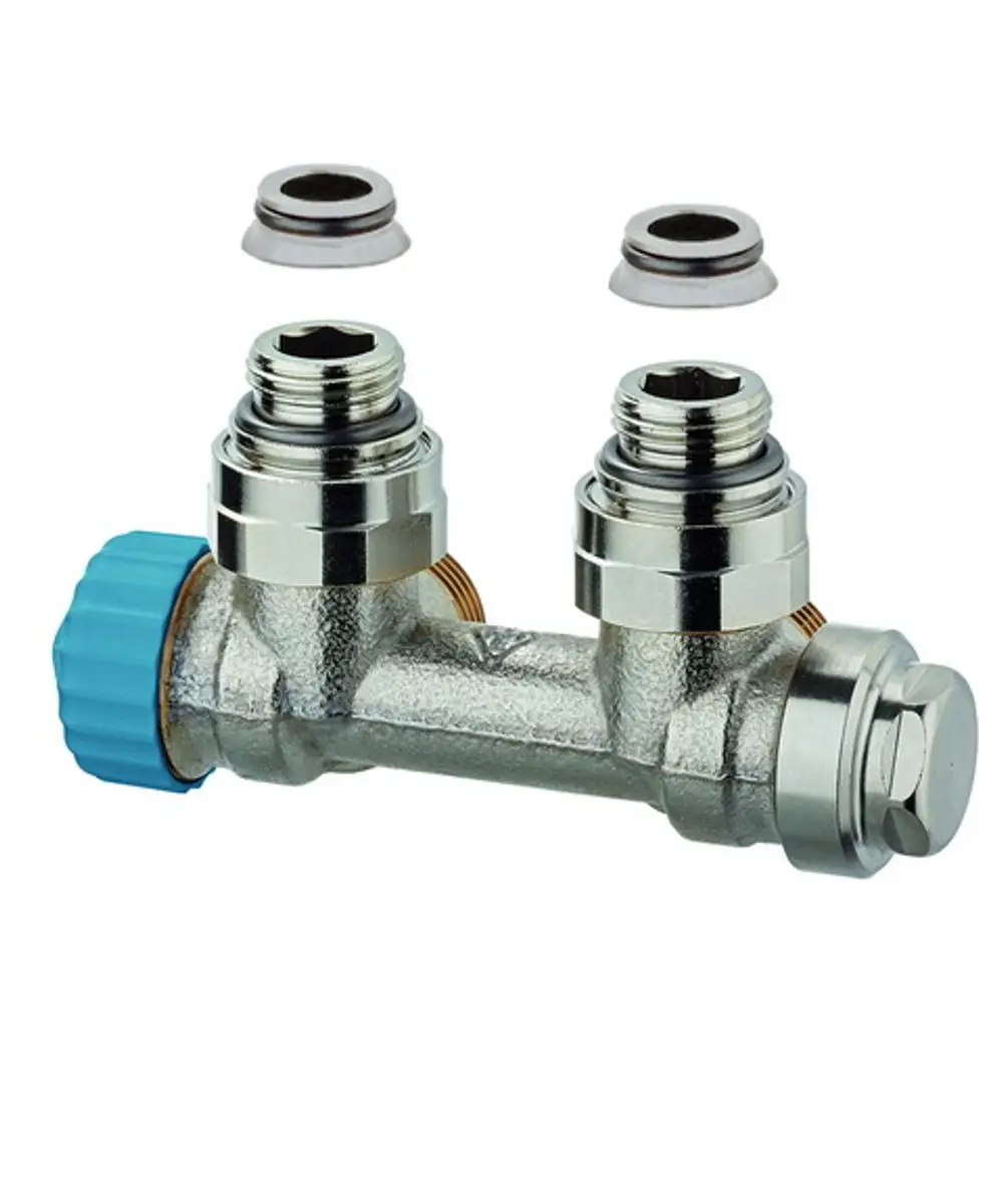 Zweifacher Eckanschluss von IMI Hydronic Engineering, ausgestattet mit einem blauen Regelknopf und zwei Dichtungen, zur Verwendung in Heizungsanlagen.
